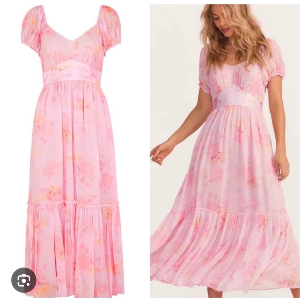 LOVESHACKFANCY Pink Floral Maxi Dress with Puff Sleeves